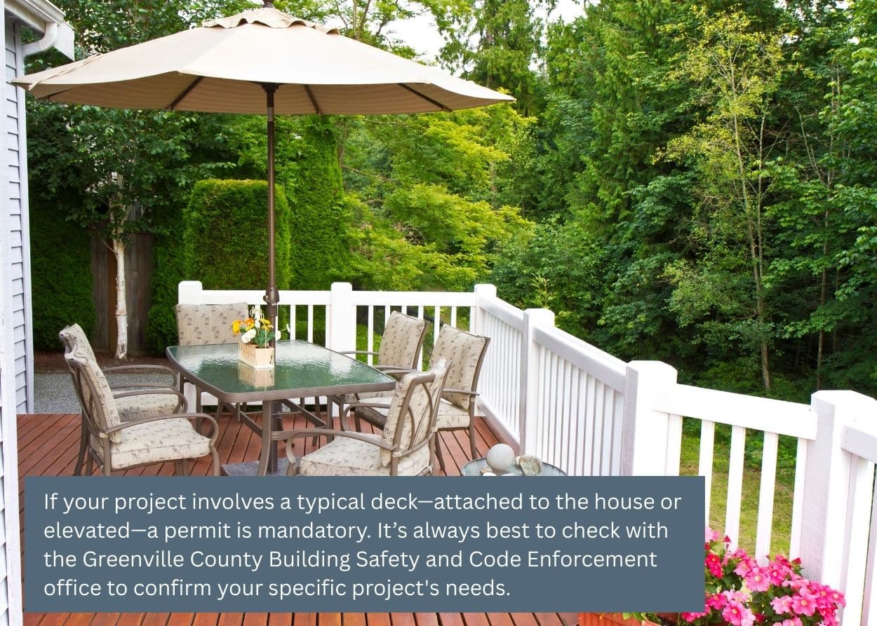Residential backyard deck with outdoor seating, illustrating a completed deck project that requires proper permits in Greenville County, South Carolina. Caption: If your project involves a typical deck—attached to the house or elevated—a permit is mandatory. It’s always best to check with the Greenville County Building Safety and Code Enforcement office to confirm your specific project's needs.
