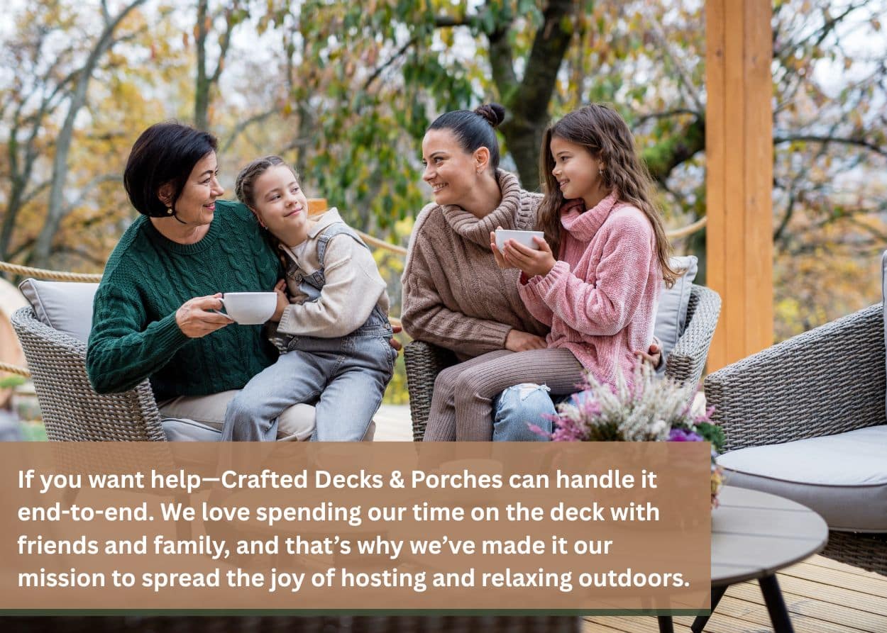Family relaxing together on outdoor deck with seating area.